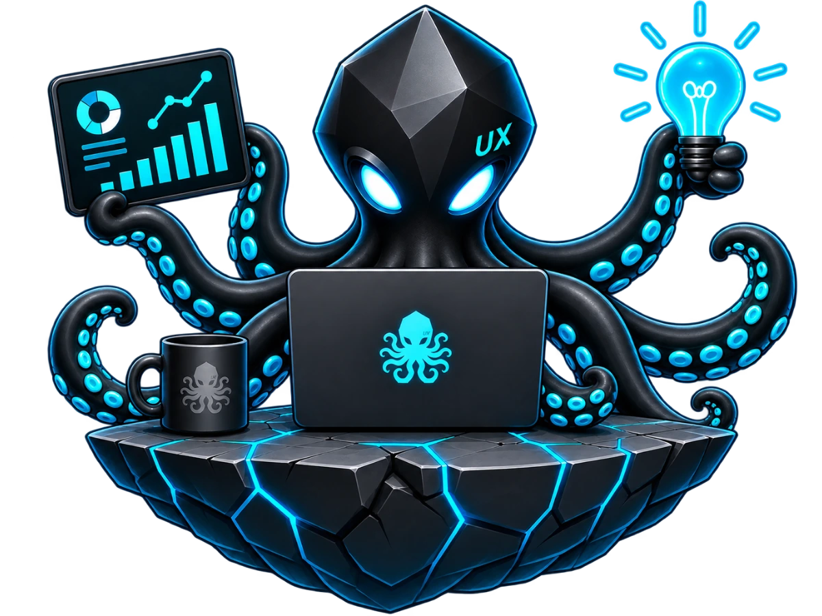 Black octopus with glowing blue eyes and 'UX' on its head sits behind a laptop with an octopus logo, holding a tablet showing data charts in one tentacle and a glowing light bulb in another, positioned on a floating cracked rock platform with blue glowing lines, next to a black coffee mug with an octopus logo.
