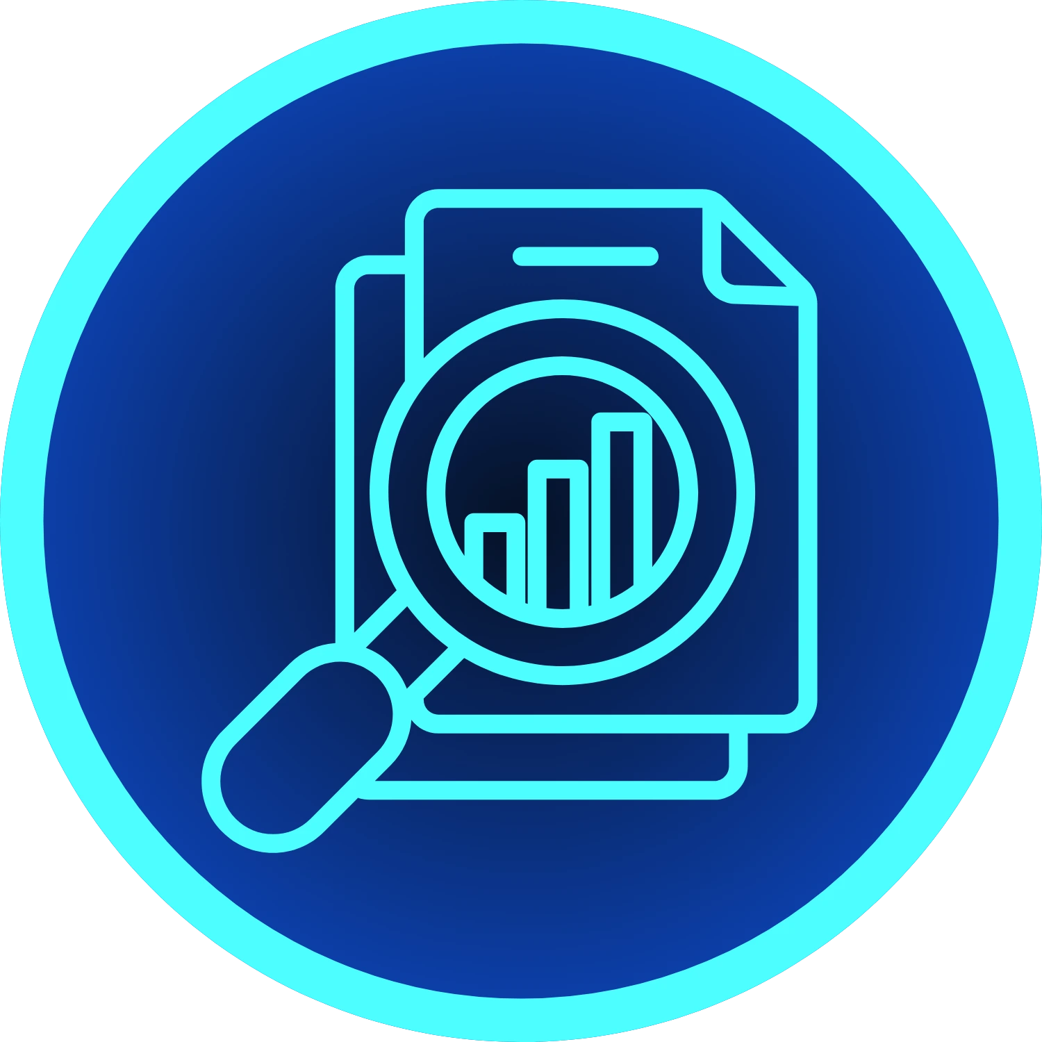 Icon of a magnifying glass over stacked documents with a bar chart visible on the top document, symbolizing data analysis or report review, in neon blue on a dark blue circular background with a bright cyan border.