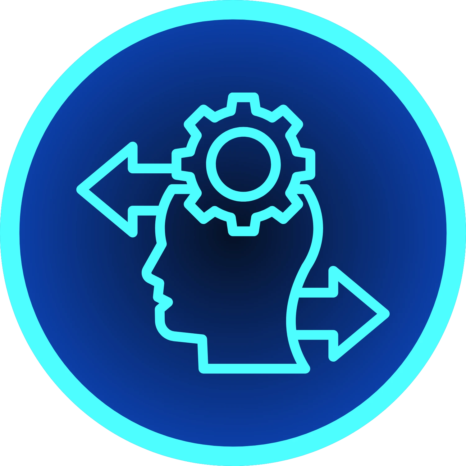 Icon with a blue human head profile featuring a gear inside it and arrows pointing left and right, symbolizing decision-making or thinking process.