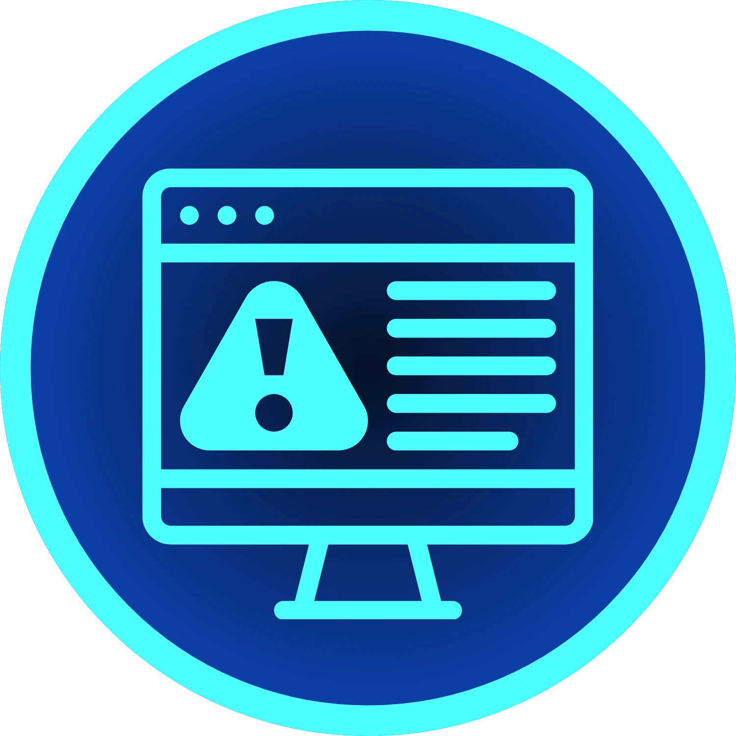 Icon of a computer monitor with a web browser window displaying a warning symbol, an exclamation mark inside a triangle, and lines representing text, all in blue tones.