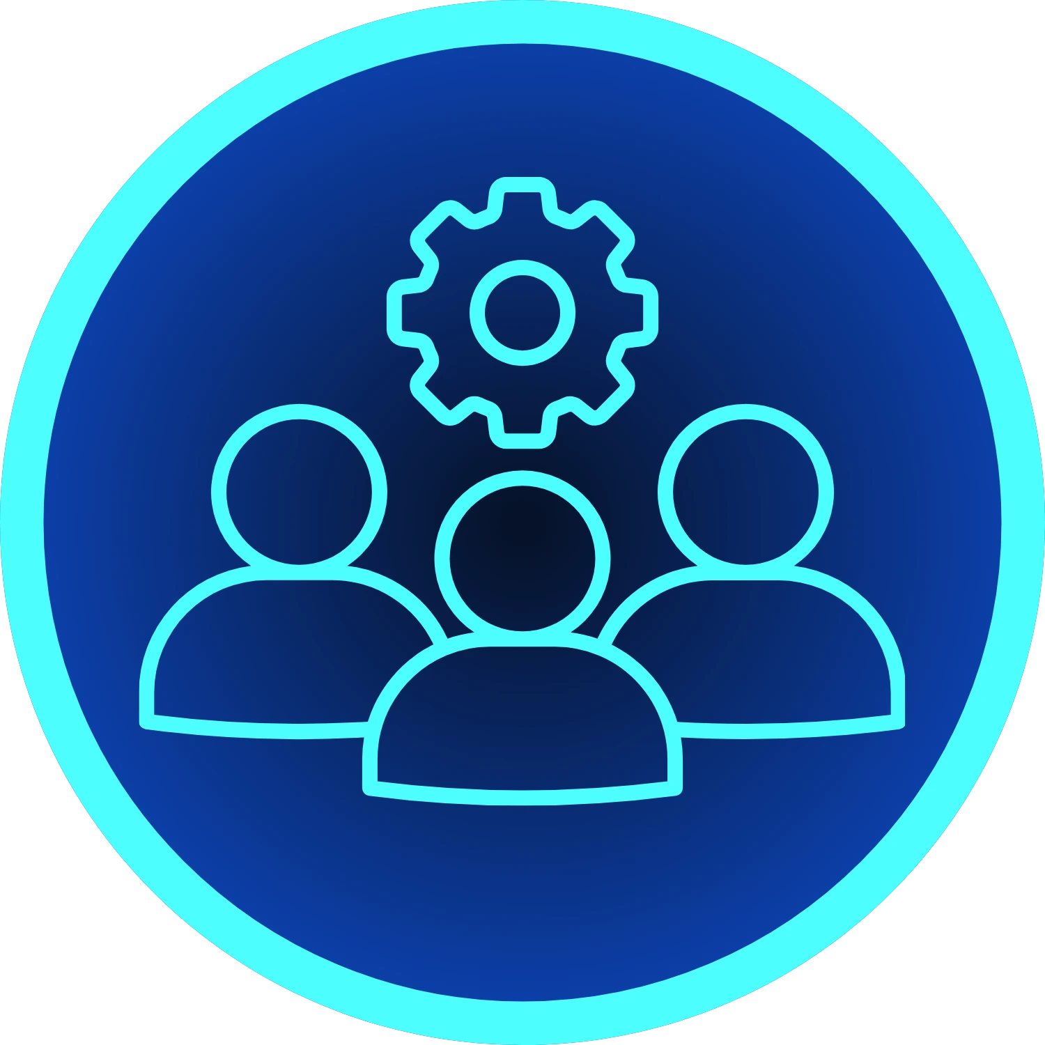 Icon of three people outlined in light blue inside a dark blue circle with a light blue border, featuring a gear symbol above the central figure representing teamwork or group management.