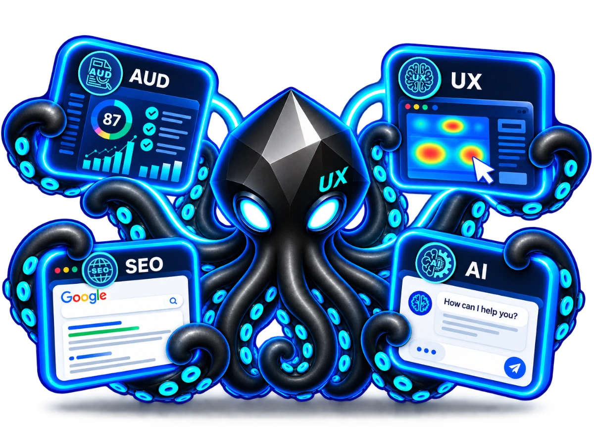 Digital Octopux holding 4 expertises in UX, SEO, AI and website audits