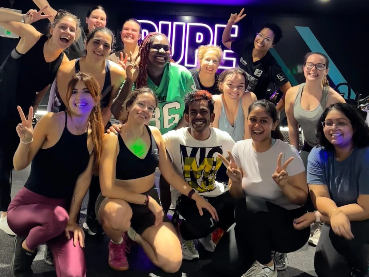 Ashiklal Pyarilal with Zumba Ash Party participants after a group fitness class in London