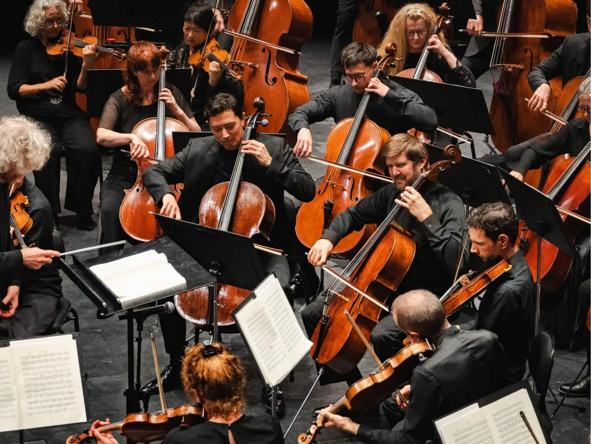 Musicians in black playing violins and cellos in a seated orchestra performance.