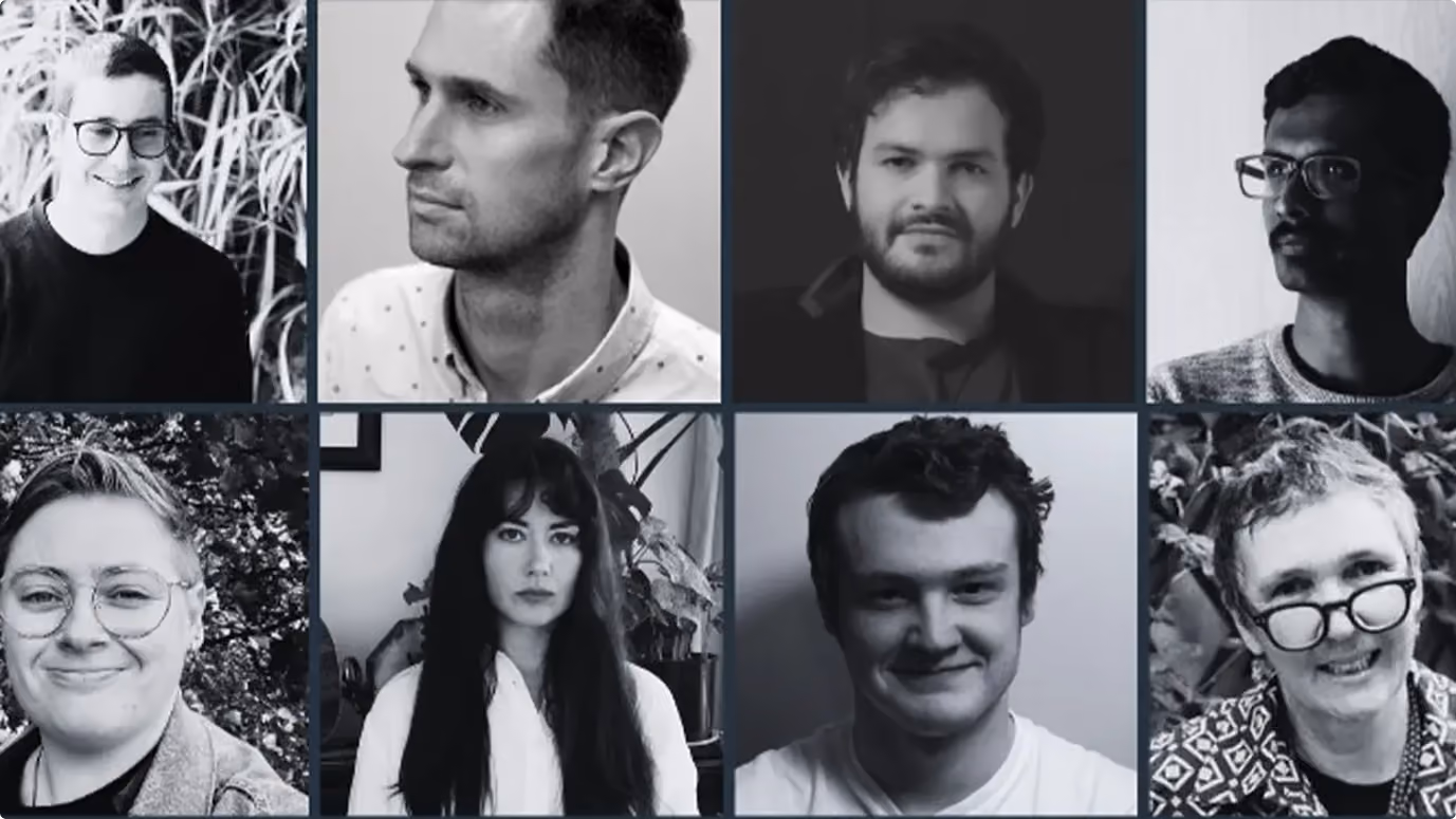 Grid of eight black-and-white portrait photos showing diverse individuals with varied expressions and backgrounds.