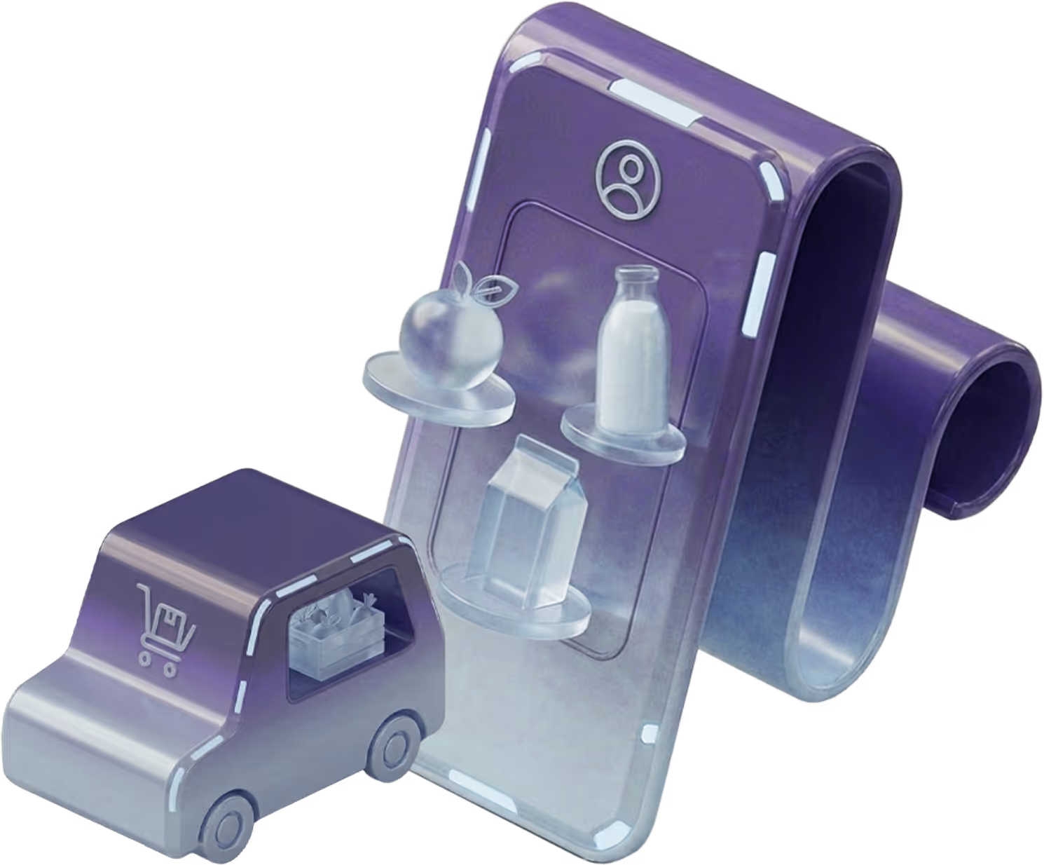 3D illustration of a stylized mobile phone displaying grocery products with a delivery truck, representing AI-powered commerce media advertising