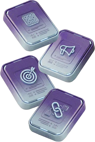 Four purple 3D blocks with icons representing a keypad, megaphone, target, and chain link.