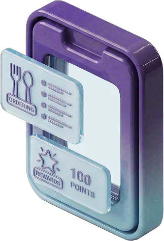 3D illustration of a smartphone with floating icons for food ordering and a rewards program showing 100 points.