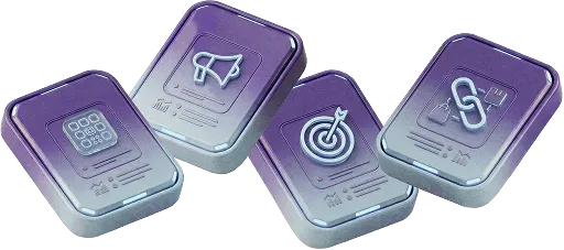 Four purple 3D blocks with icons representing a keypad, megaphone, target, and chain link.