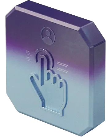 3D purple and blue block with user icon and large hand cursor pressing on it.