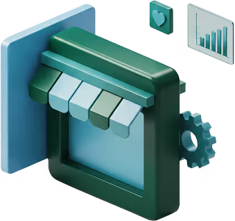 3D illustration of a storefront window with an awning, a settings gear, a like button, and a bar chart.