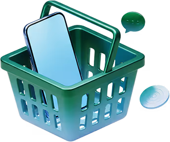 Green shopping basket containing a smartphone with floating chat and radar icons nearby.