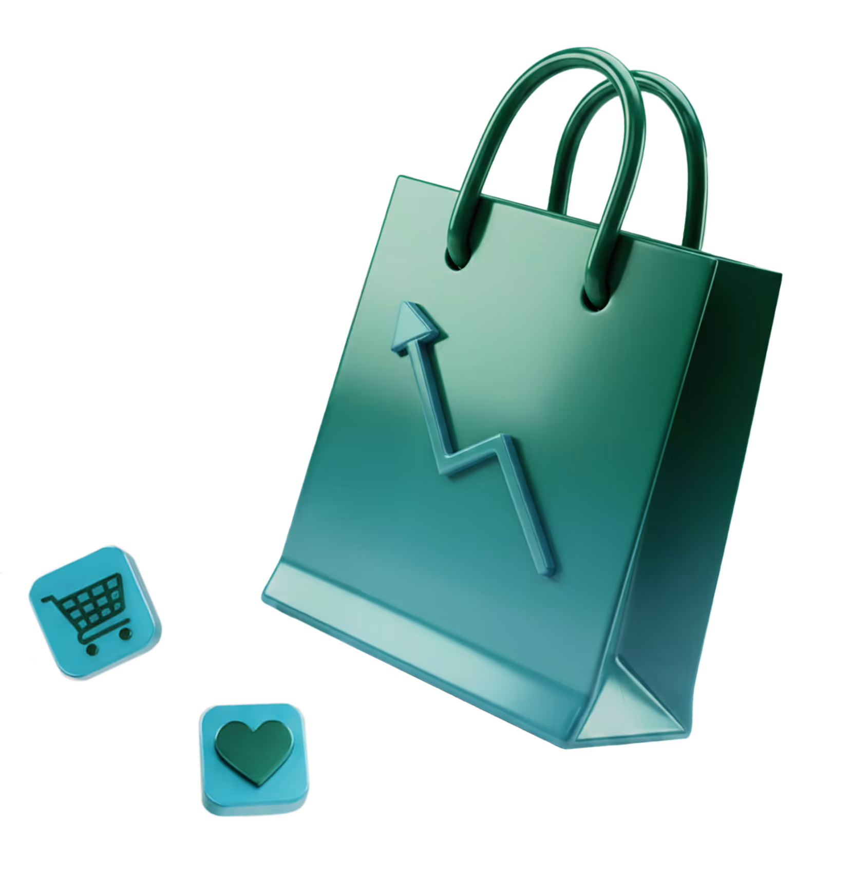 3D illustration of a teal shopping bag with floating retail icons, representing commerce media advertising