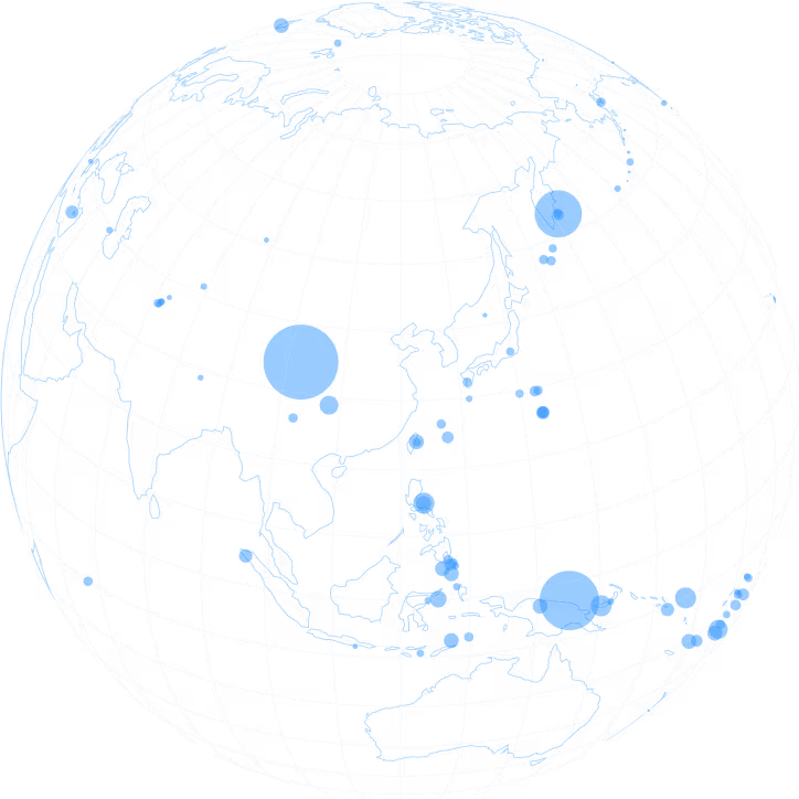 World map with variable-sized circles highlighting specific locations.