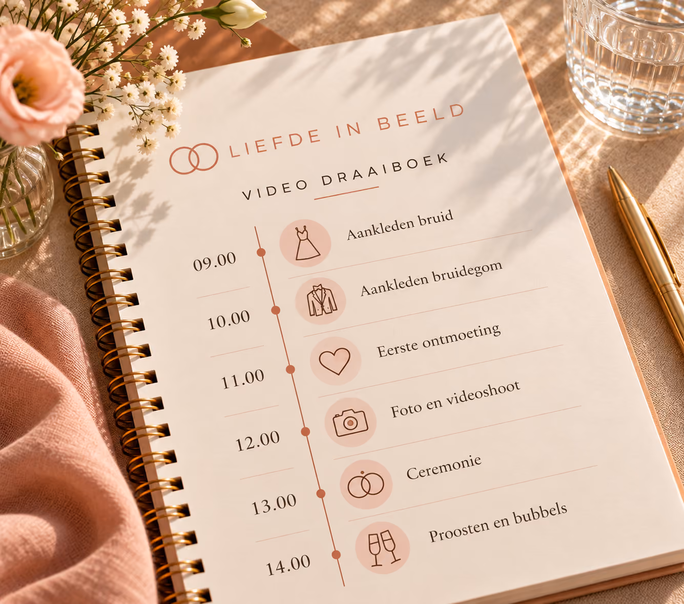Videodraaiboek van Liefde in Beeld met de planning van een trouwdag.