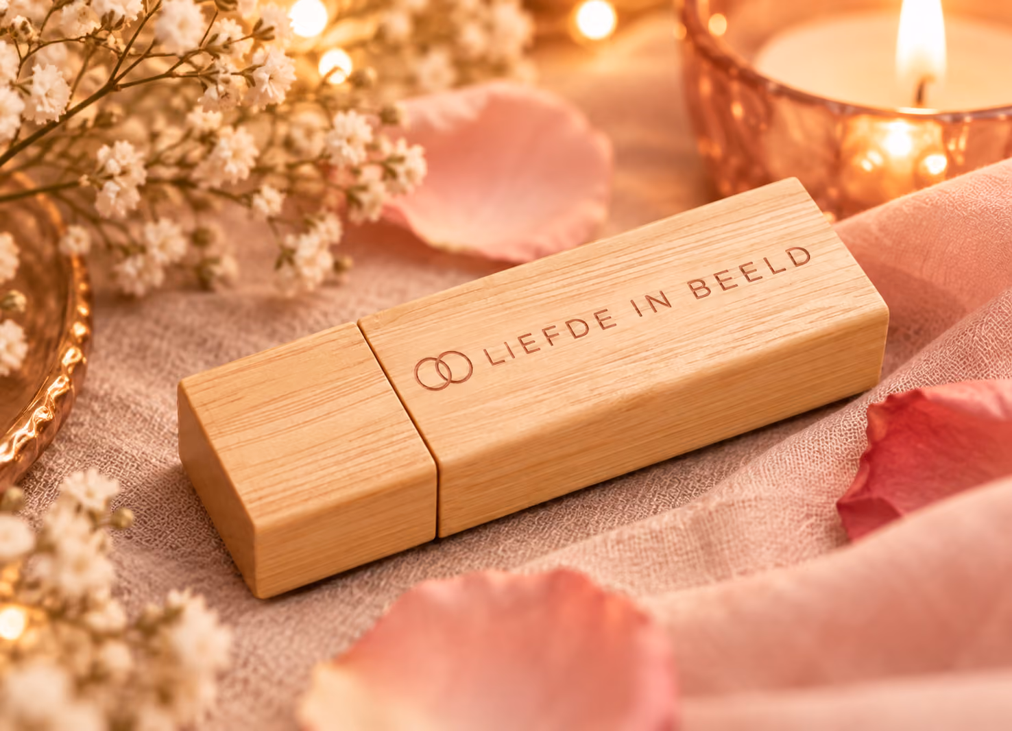 Houten USB-stick van Liefde in Beeld tussen bloemen en rozenblaadjes.