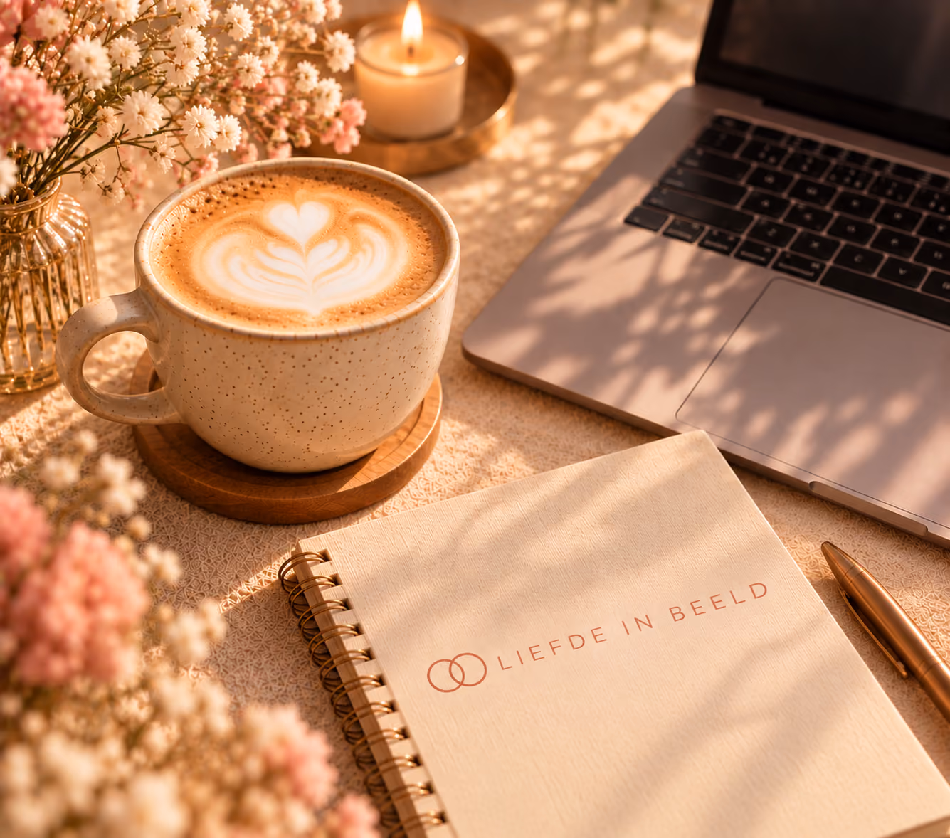 Koffie, een laptop en een notitieboek van Liefde in Beeld op tafel.