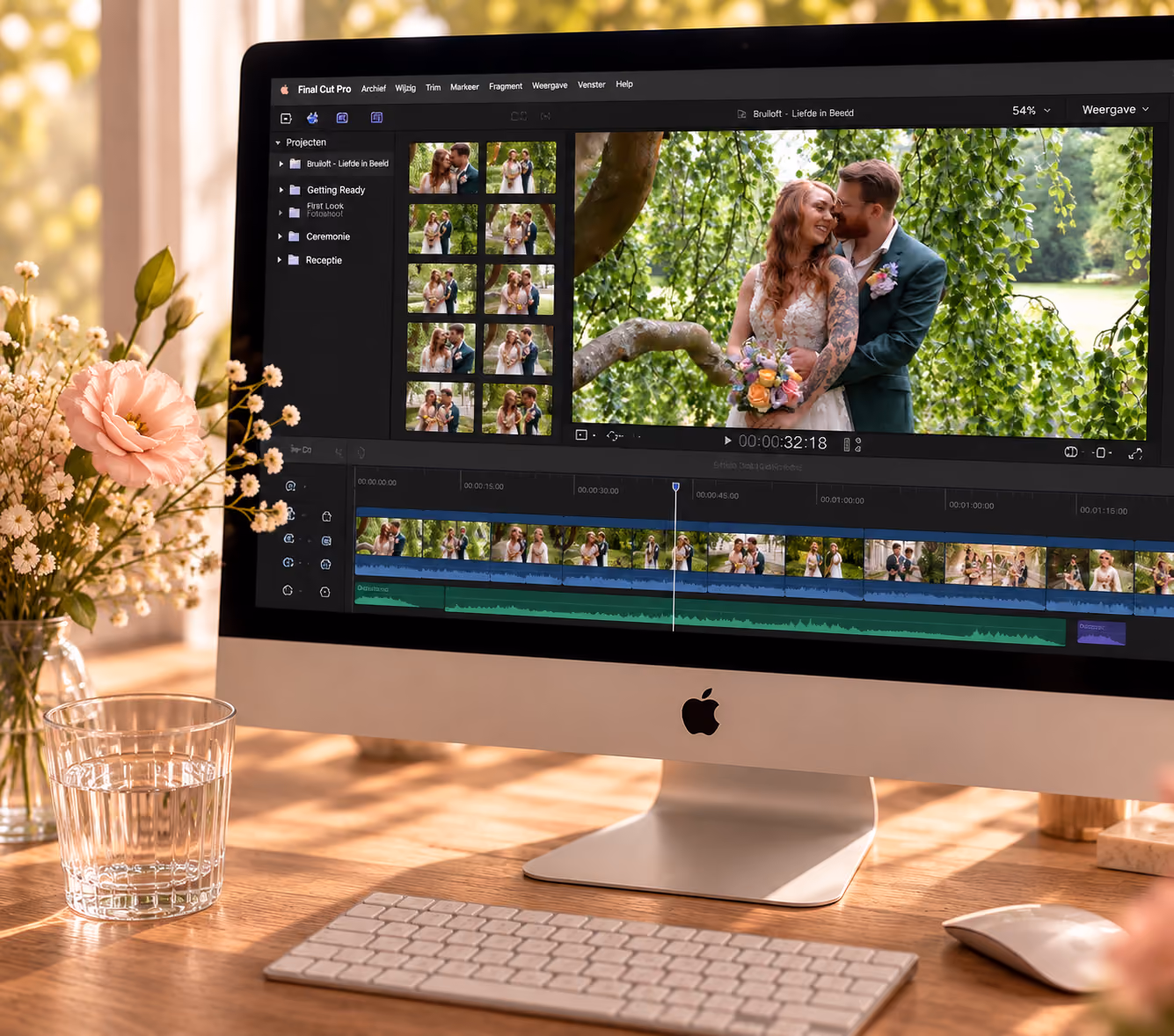 Montage van een trouwfilm op een computerscherm.