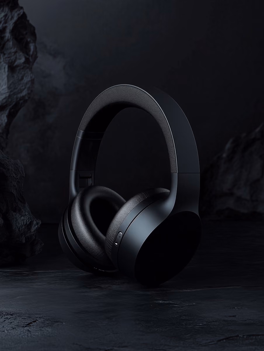 Sleek black over-ear wireless headphones on a dark textured surface with rock formations.