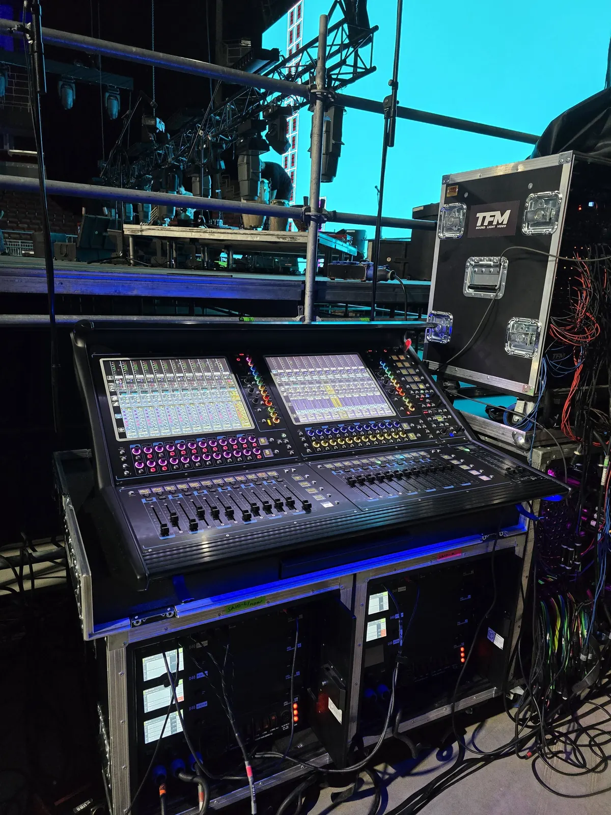 Console and racks backstage before the show