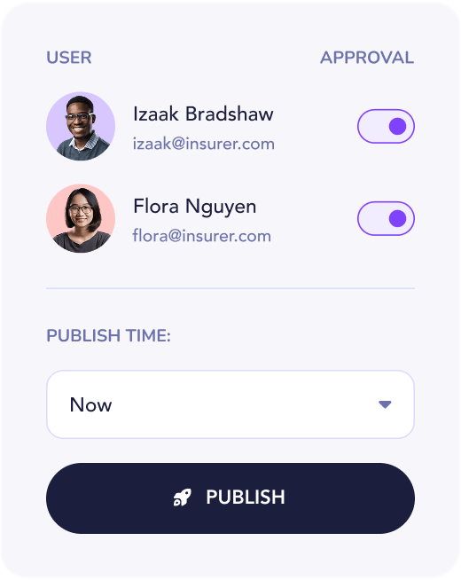 User approval interface showing two users, Izaak Bradshaw and Flora Nguyen, each with a profile picture, email address, and an active approval toggle. Below is a dropdown menu set to 'Now' for publish time and a dark button labeled 'Publish' with a rocket icon.