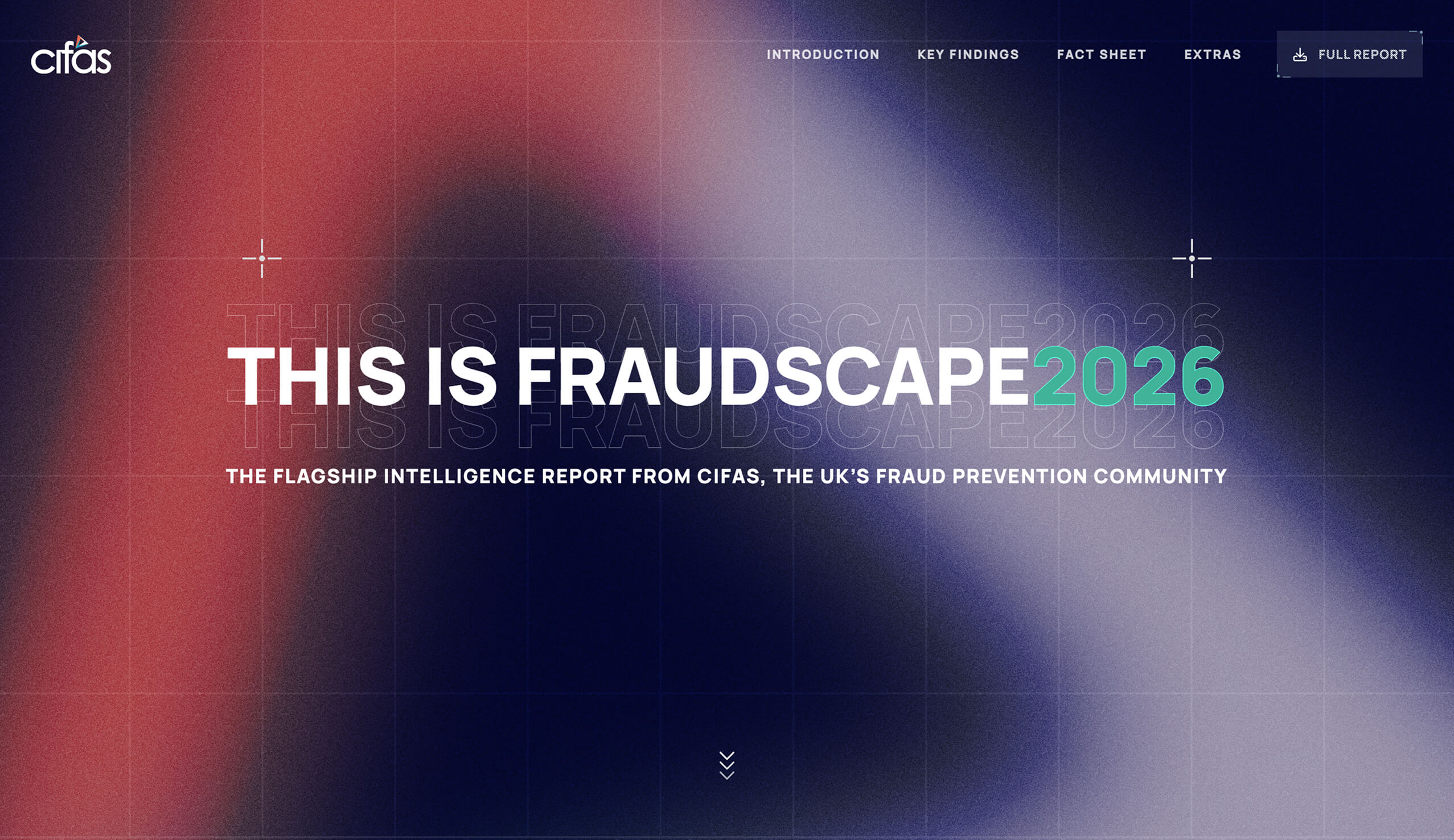 Website header with text 'This is Fraudscape 2026' and subtext 'The flagship intelligence report from Cifas, the UK's fraud prevention community' on a dark gradient background with red and blue shades, Cifas logo on top left, and navigation links including Introduction, Key Findings, Fact Sheet, Extras, and Full Report at the top right.