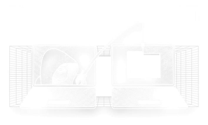 Graphic of two laptops facing each other connected by a fishing line from the left laptop screen showing a hooded figure with glasses to the right laptop screen showing a folder labeled PERSONAL FILES, symbolizing a phishing cyberattack stealing personal data.