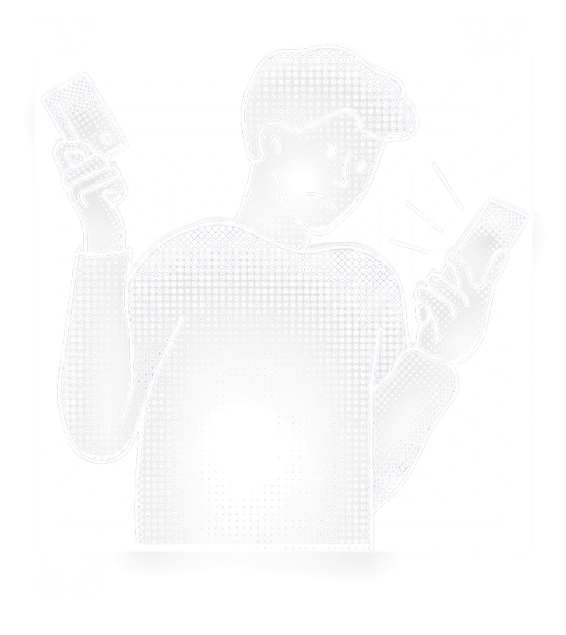 Black and white digital art of a person holding two smartphones, one in each hand, against a wireframe tunnel background, with text labels 'FIG.03' and 'NET_SEC'.