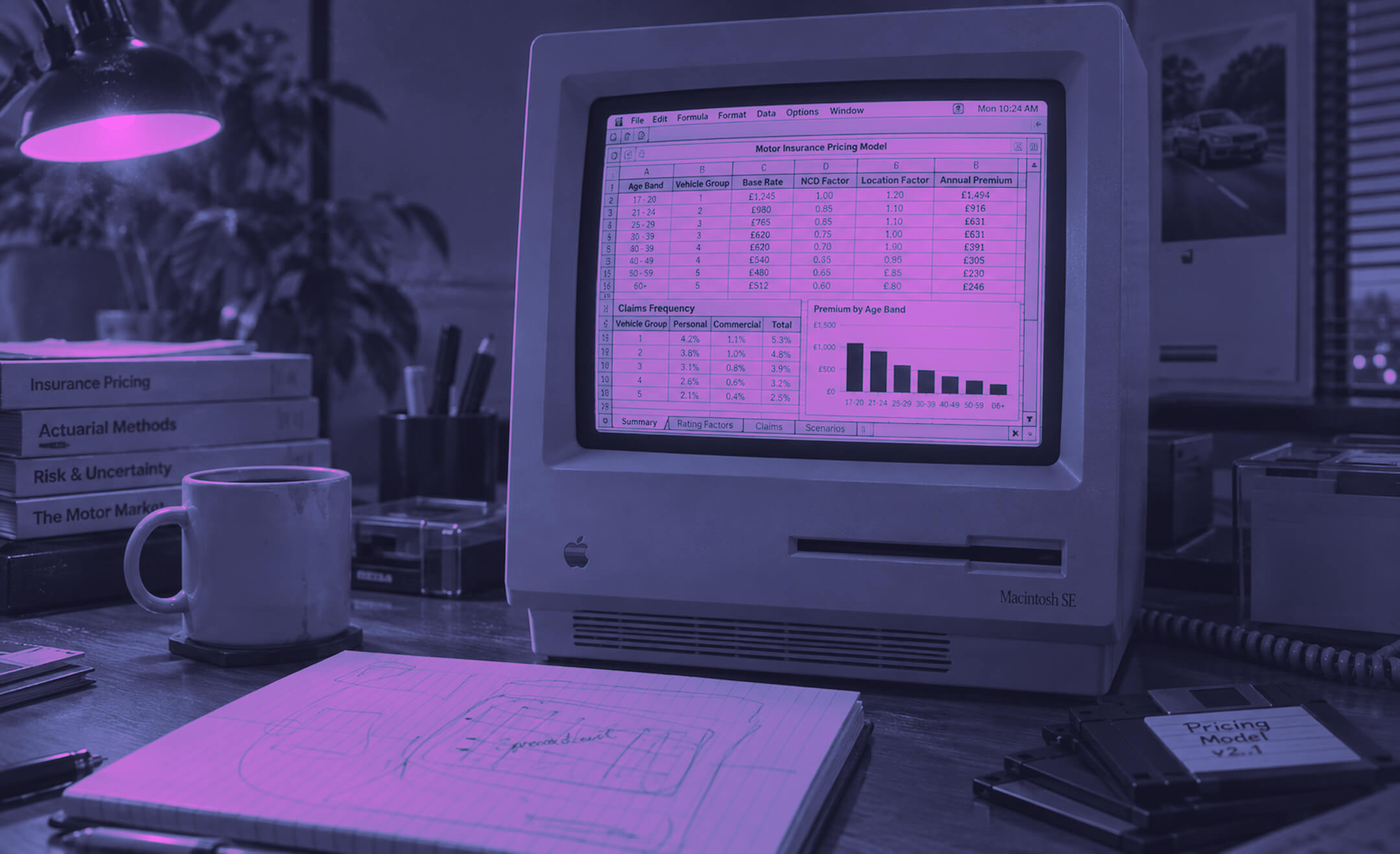 Vintage Macintosh SE computer displaying a spreadsheet titled 'Motor Insurance Pricing Model' with tables of age bands, vehicle groups, base rates, and premiums, alongside a bar chart of premiums by age band, on a desk with books on insurance, a coffee mug, a notebook with sketches, and a stack of floppy disks labeled 'Pricing Model v2.1'.
