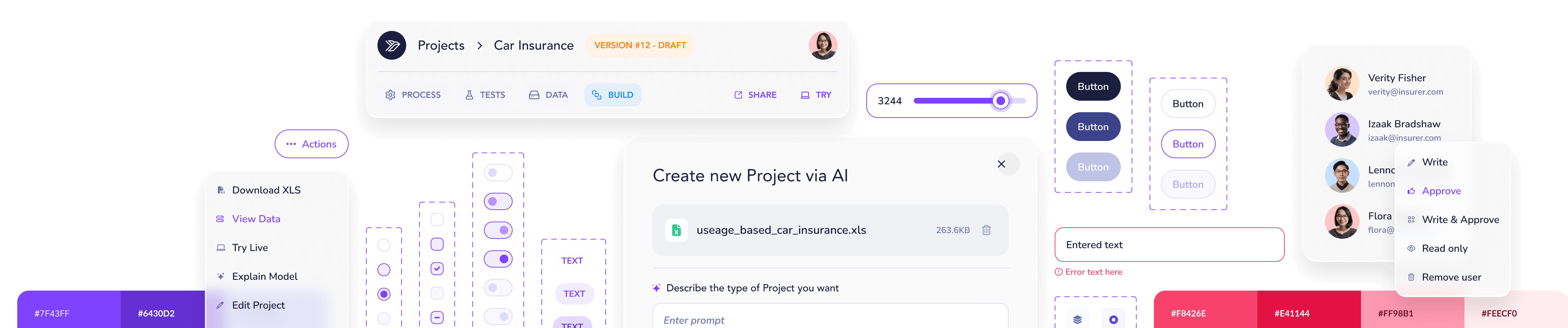 User interface design system showing a project dashboard for 'Car Insurance' with navigation tabs, action menu with options like Download XLS and Edit Project, toggle switches, button styles, text input fields, error messages, user list with profile pictures and email addresses, and color palette swatches in purple and red hues.