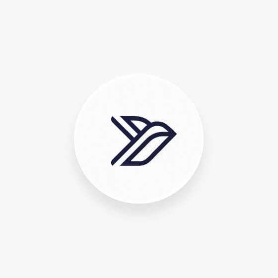 Simplified geometric bird icon in dark navy blue centered on a white circular background with subtle shadow.