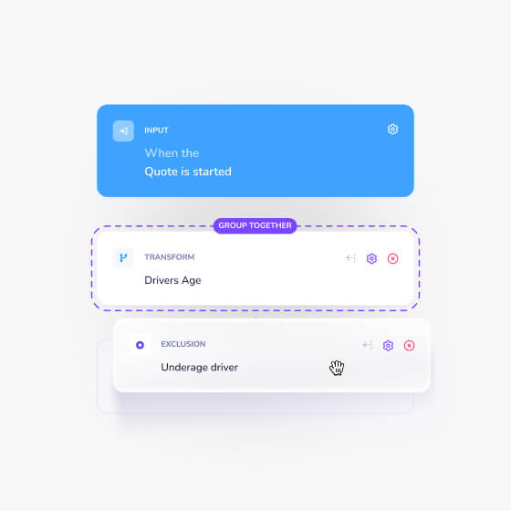 Diagram showing a workflow with three connected blocks: a blue input block labeled 'When the Quote is started', a transform block labeled 'Drivers Age', and an exclusion block labeled 'Underage driver', grouped together with a purple label 'Group Together'.