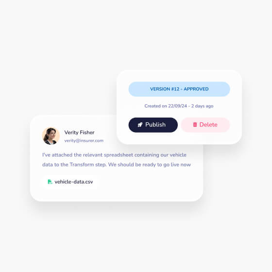 User interface showing a message from Verity Fisher with her profile photo and email, stating she attached a vehicle data spreadsheet named vehicle-data.csv for the Transform step, alongside a popup indicating Version #12 - Approved, created 2 days ago, with buttons to Publish or Delete.