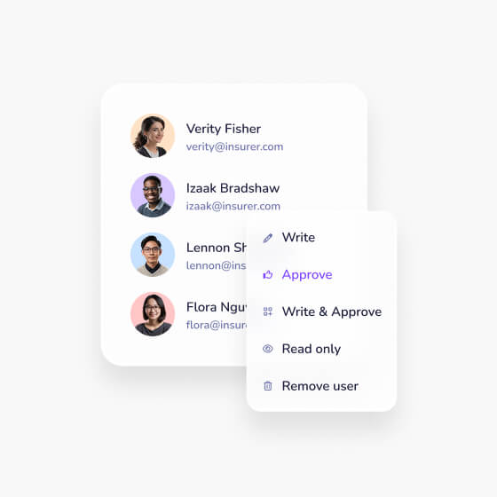 User interface showing a list of four users with names, photos, and email addresses, and a dropdown menu with options: Write, Approve, Write & Approve, Read only, and Remove user.