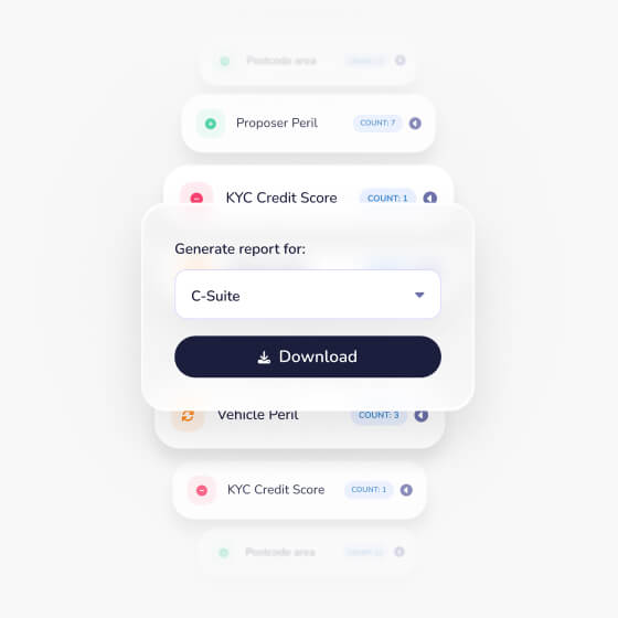 User interface panel showing a dropdown menu labeled 'Generate report for:' with 'C-Suite' selected and a dark blue 'Download' button beneath it, surrounded by blurred report categories such as Proposer Peril, KYC Credit Score, and Vehicle Peril with associated counts.
