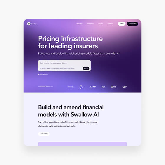 Website homepage for Swallow AI showing pricing infrastructure for insurers, with a purple gradient header offering AI-based financial pricing models and a section below about building and amending financial models using Swallow AI.