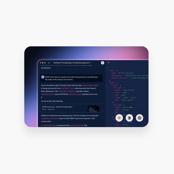 Computer screen showing code editor with a dark-themed interface displaying JSON code and markdown text related to Swallow Pricing Engine Config Development on a purple gradient background.