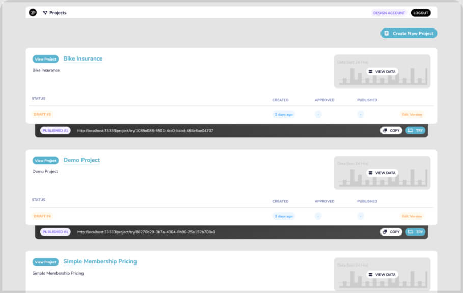 Web interface showing three project cards titled 'Bike Insurance', 'Demo Project', and 'Simple Membership Pricing', each with buttons to view project, status as draft, created date, and published data with options to copy URL or try project, plus a graph data preview and options to edit version.