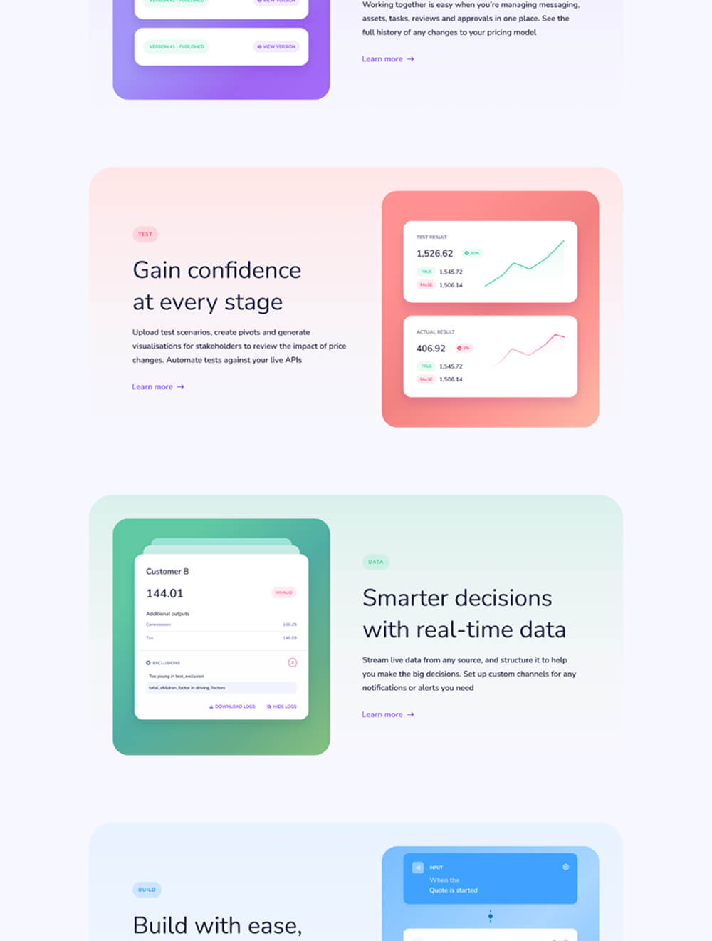 Three sections showing software features: Gain confidence at every stage with test results charts, Smarter decisions with real-time data including customer outputs, and a partially visible Build with ease section.