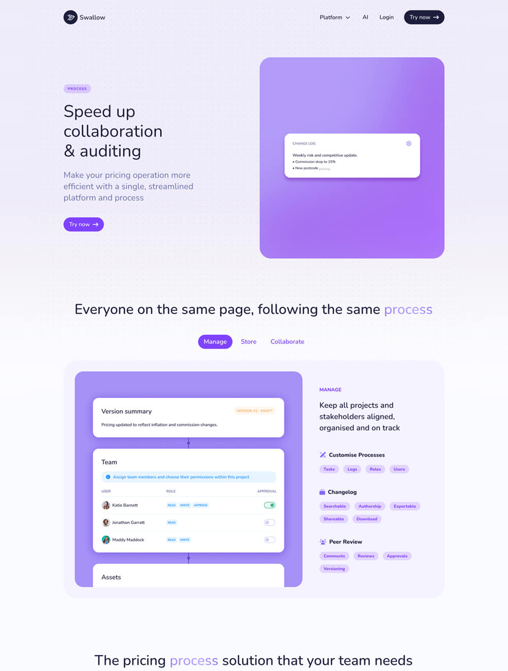 Website interface for Swallow platform showing features to speed up collaboration and auditing, with sections highlighting process streamlining, task and role management, changelog, and peer review for pricing operations.