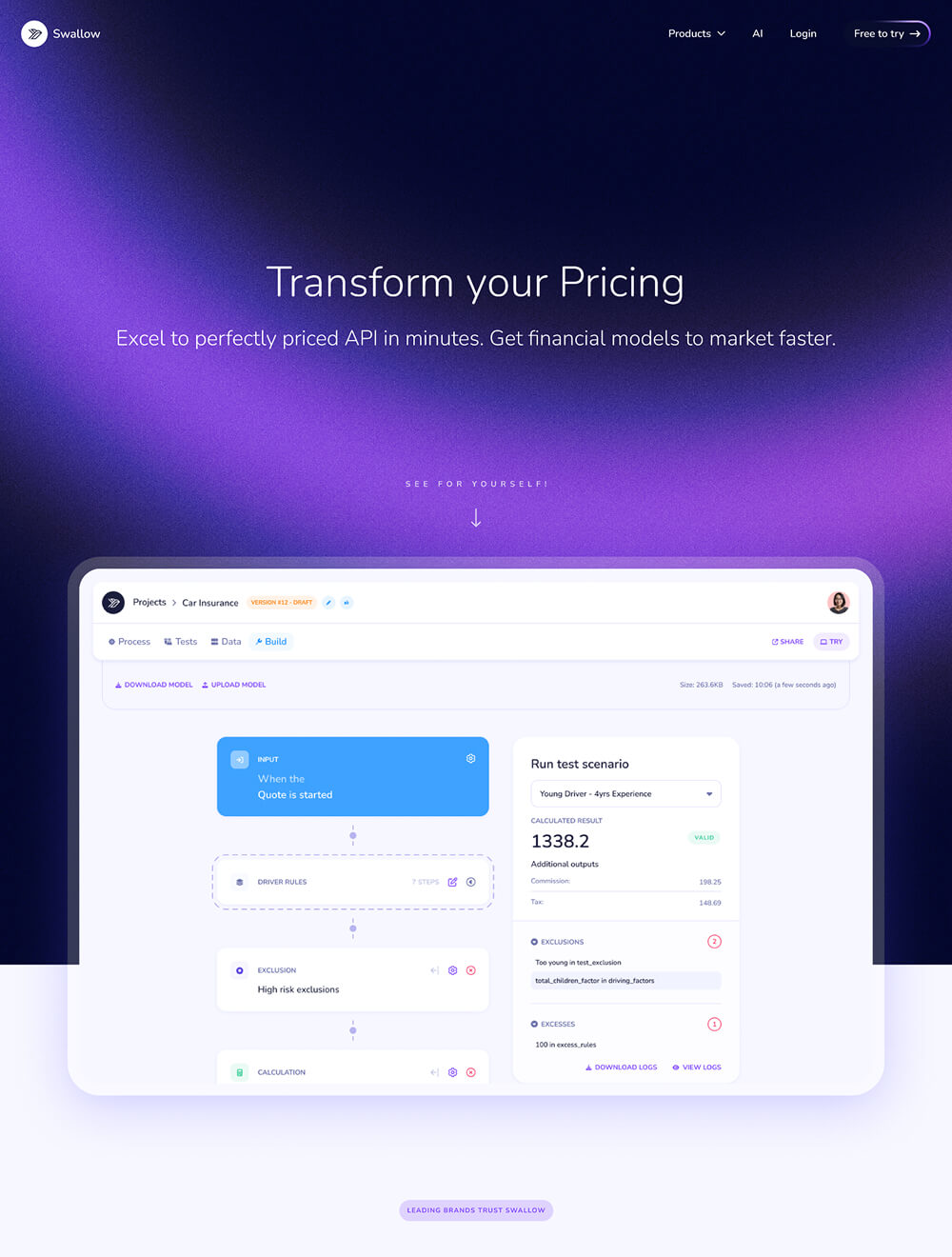 Swallow website homepage with dark blue and purple background featuring headline 'Transform your Pricing' and subtext about Excel to API for financial models, with a screenshot of an insurance pricing API interface showing input, driver rules, exclusions, calculation, and test scenario results for a young driver.