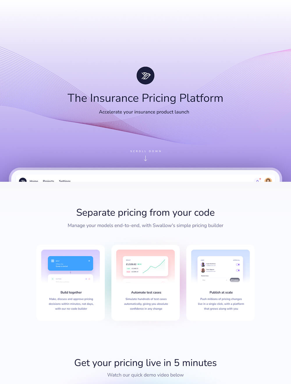 Website landing page for an insurance pricing platform named Swallow featuring a purple gradient background with wave lines, a small bird logo above the title, and sections highlighting features: building pricing collaboratively with a no-code builder, automating test cases to simulate changes, and publishing pricing changes at scale, plus a call to action to get pricing live in five minutes.