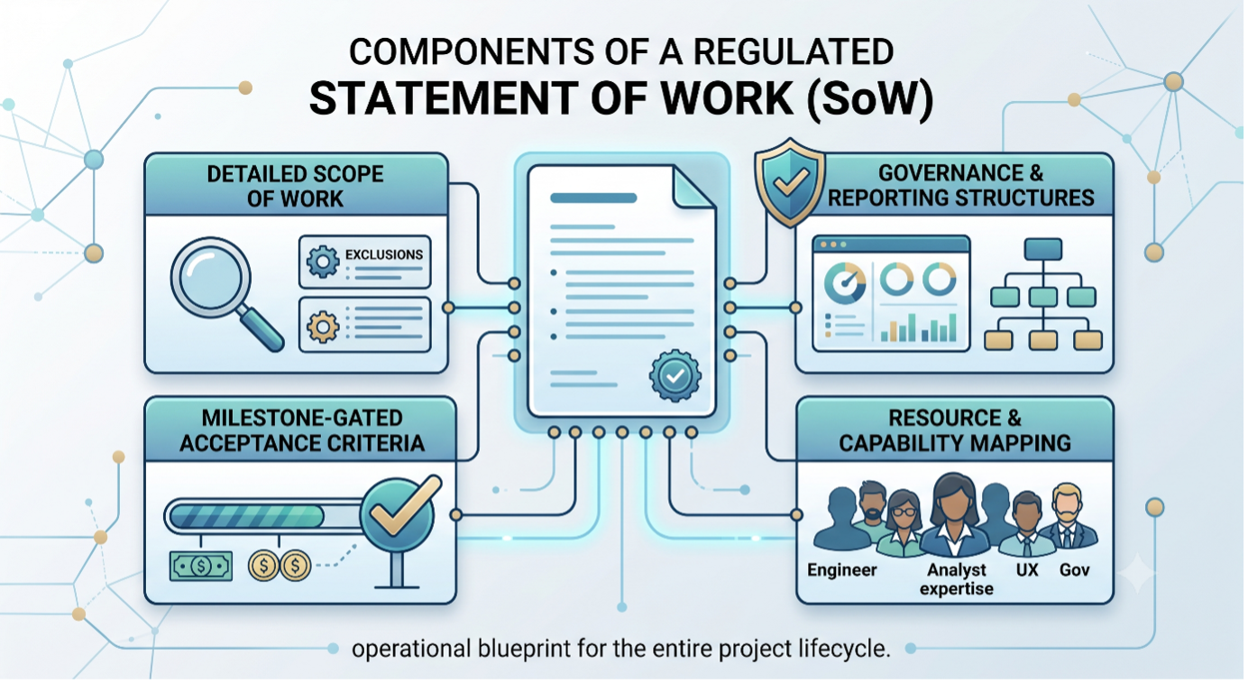 A structural diagram outlining the four core components of a regulated statement of work (SoW). The visual connects a central contract document to a detailed scope of work, milestone-gated acceptance criteria, governance and reporting structures, and resource and capability mapping, acting as an operational blueprint for the entire project lifecycle