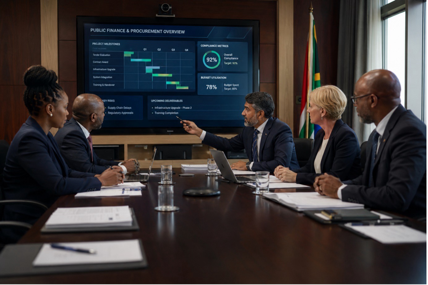 A photorealistic corporate photograph of a diverse group of public finance directors and procurement leads sitting around a modern government boardroom table. They are formally reviewing project milestones and compliance metrics on a sleek digital display, demonstrating how a structured statement of work (SoW) brings accountability to digital delivery. The atmosphere is serious and highly professional.