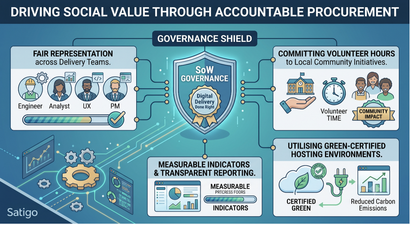 An infographic by Satigo illustrating how to drive social value through accountable procurement. A central governance shield demonstrates how a structured statement of work (SoW) acts as a mechanism for tracking four key impact areas.