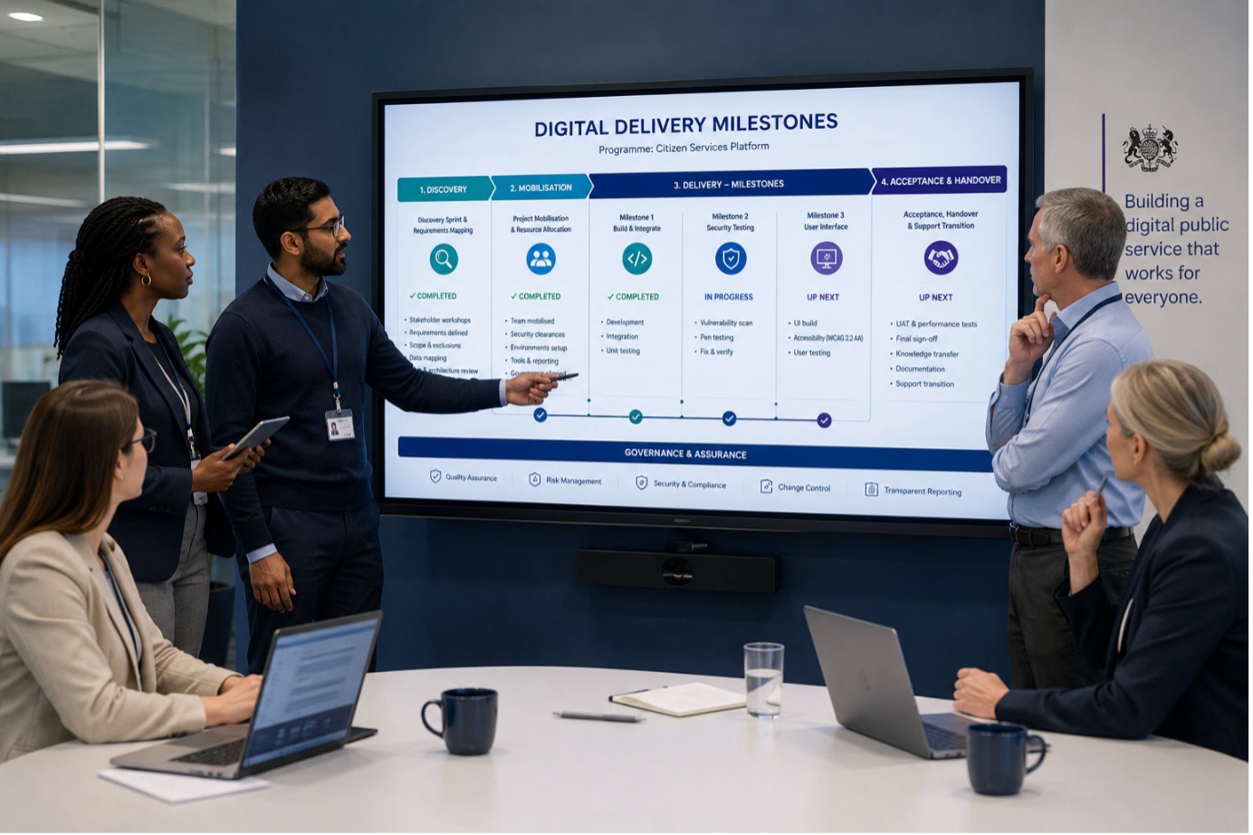 A professional corporate photograph of a diverse project management team reviewing digital delivery milestones on an interactive display board as part of a structured SoW process. The formal public sector office environment illustrates governed, outcome-based delivery, stakeholder collaboration, and accountable project management.