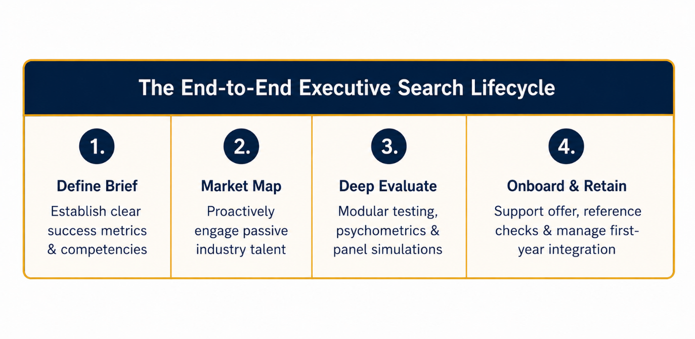 A diagram illustrating the four-step end-to-end executive search lifecycle for public sector recruitment. The process includes defining the brief with clear success metrics, proactive market mapping of passive talent, deep evaluation through modular testing, and comprehensive onboarding and retention support, providing a structured alternative to a standard public sector recruitment agency.