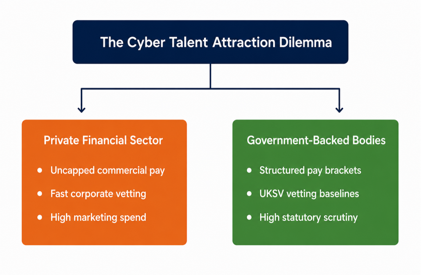 A diagram highlighting public sector cyber recruitment challenges by comparing the private financial sector with government-backed bodies.