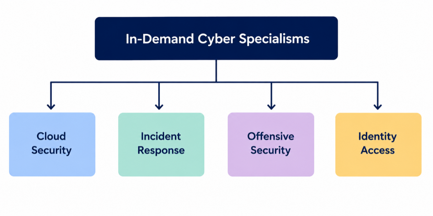 A diagram outlining in-demand specialisms for public sector cyber recruitment, including cloud security, incident response, offensive security, and identity access.