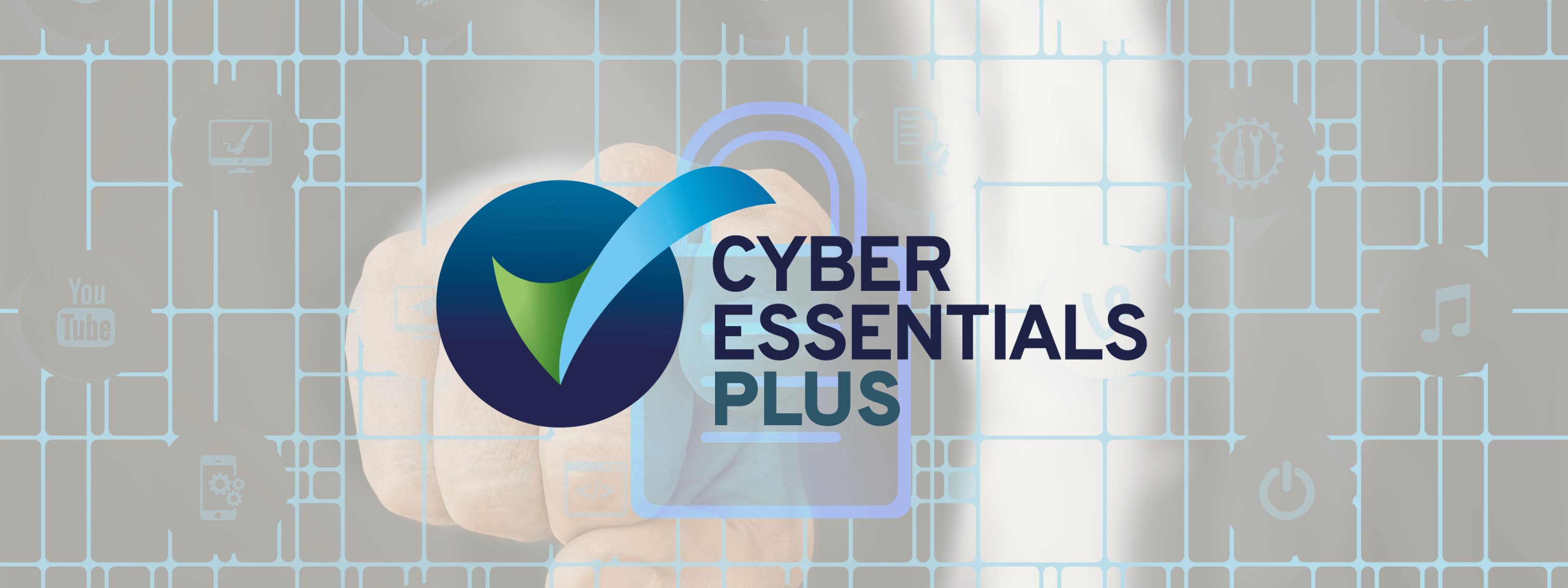 Cyber Essentials Plus certification graphic featuring a security shield, padlock outline, and cybersecurity-themed icons.
